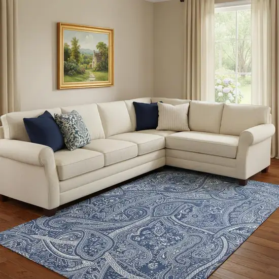 Navy Blue And Ivory Paisley Washable Area Rug With UV Protection Photo 6