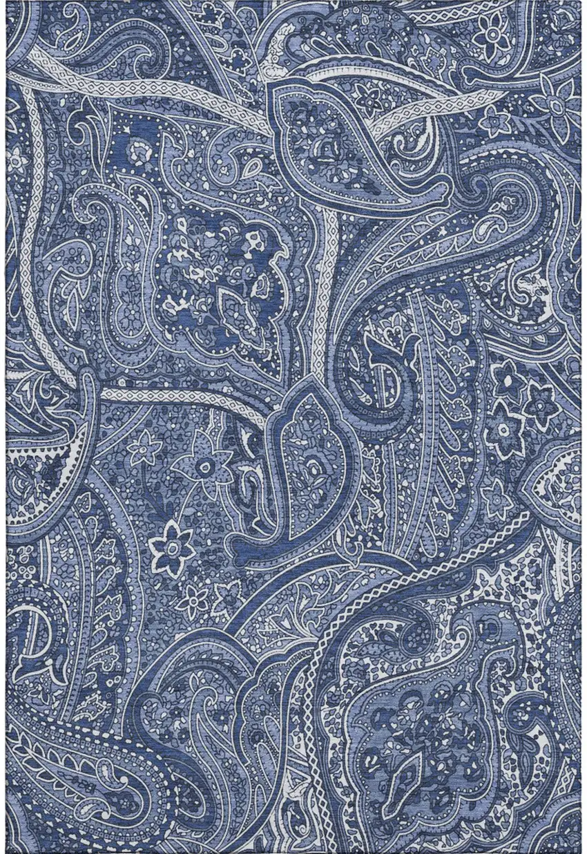 Navy Blue And Ivory Paisley Washable Area Rug With UV Protection Photo 1