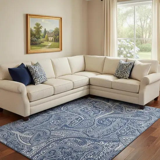 Navy Blue And Ivory Paisley Washable Area Rug With UV Protection Photo 1