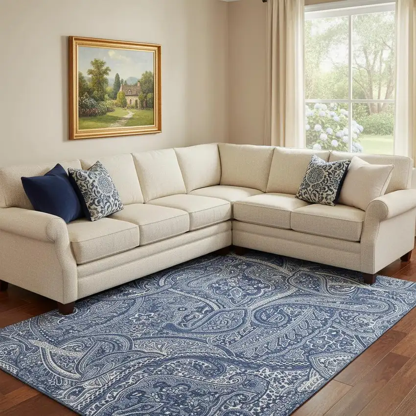 Navy Blue And Ivory Paisley Washable Area Rug With UV Protection Photo 1