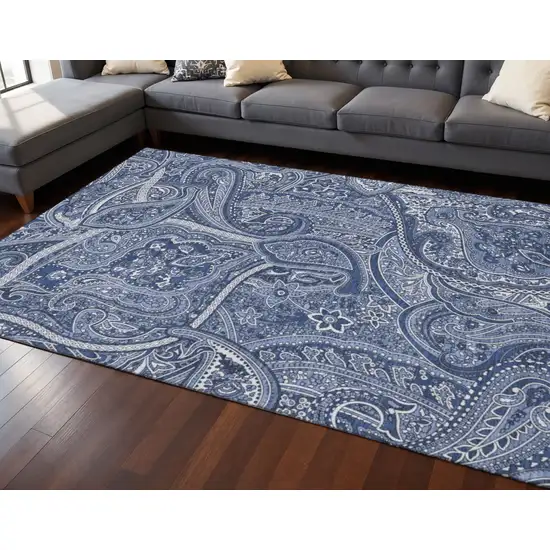 Navy Blue And Ivory Paisley Washable Area Rug With UV Protection Photo 2