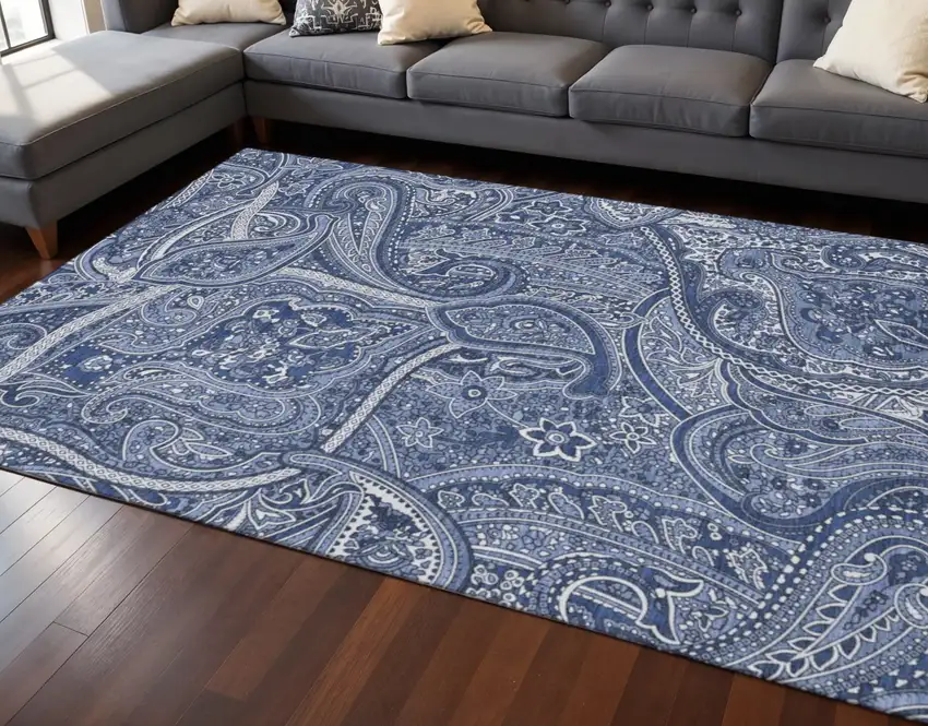 Navy Blue And Ivory Paisley Washable Area Rug With UV Protection Photo 2