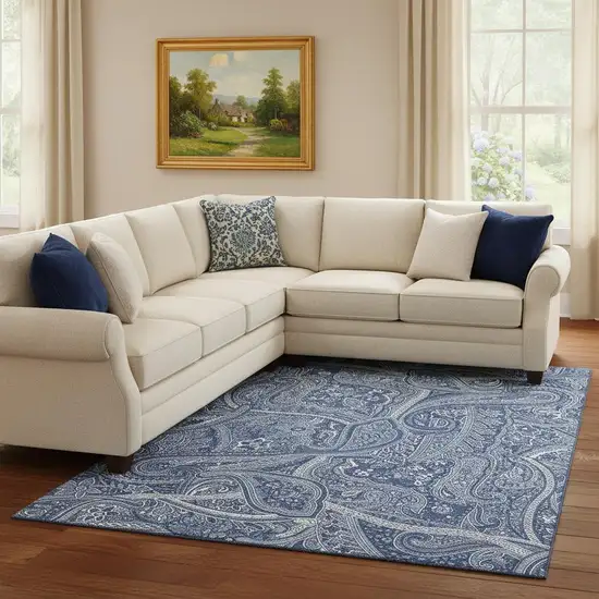 Navy Blue And Ivory Paisley Washable Area Rug With UV Protection Photo 1
