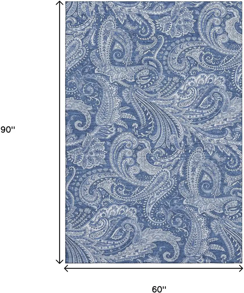 Navy Blue And Ivory Paisley Washable Area Rug With UV Protection Photo 3