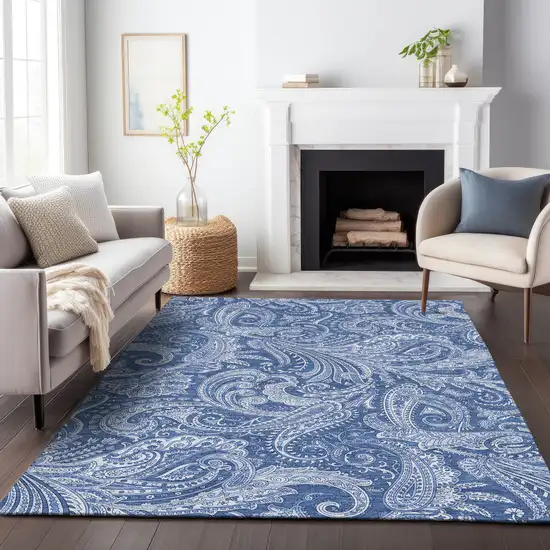 Navy Blue And Ivory Paisley Washable Area Rug With UV Protection Photo 4