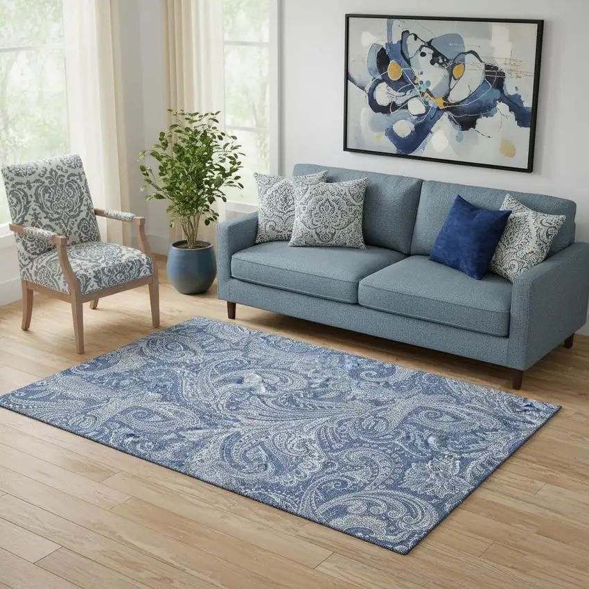Navy Blue And Ivory Paisley Washable Area Rug With UV Protection Photo 1