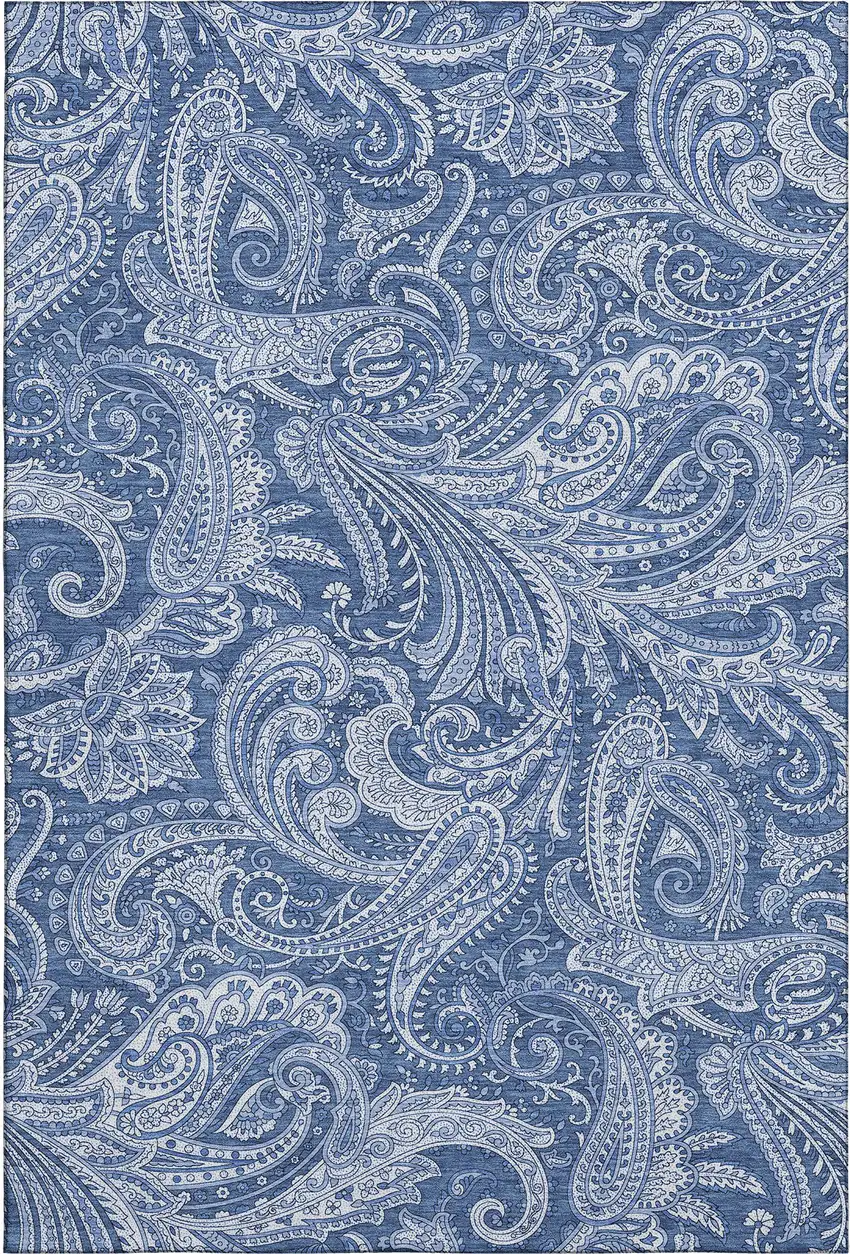 Navy Blue And Ivory Paisley Washable Area Rug With UV Protection Photo 1