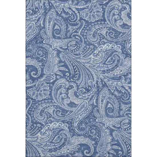 Navy Blue And Ivory Paisley Washable Area Rug With UV Protection Photo 1