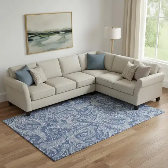 Navy Blue And Ivory Paisley Washable Area Rug With UV Protection Photo 1