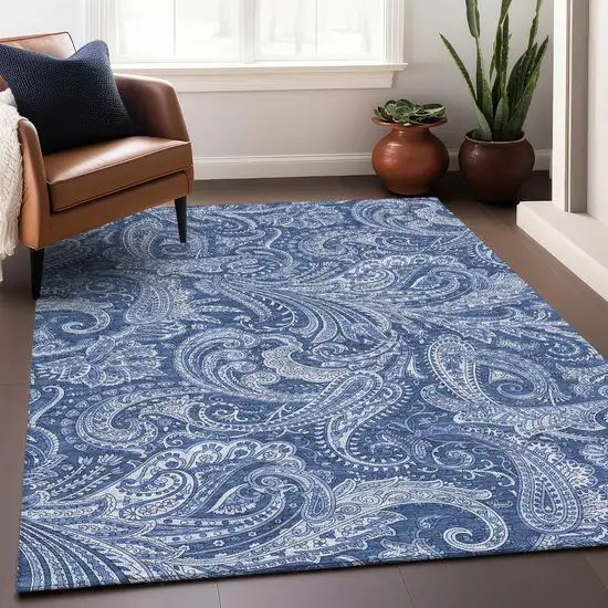 Navy Blue And Ivory Paisley Washable Area Rug With UV Protection Photo 5
