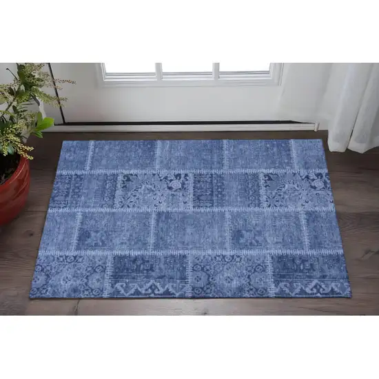 Navy Blue And Ivory Patchwork Washable Area Rug With UV Protection Photo 2