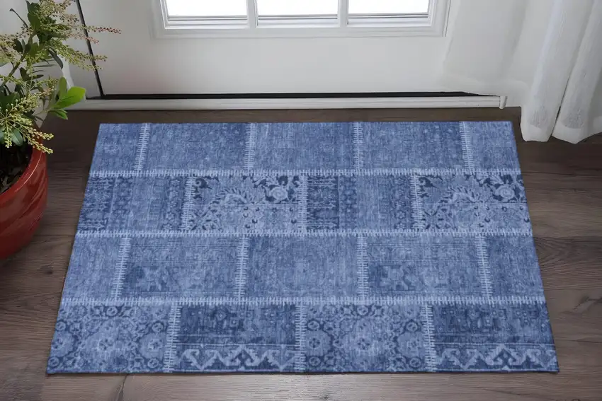 Navy Blue And Ivory Patchwork Washable Area Rug With UV Protection Photo 2