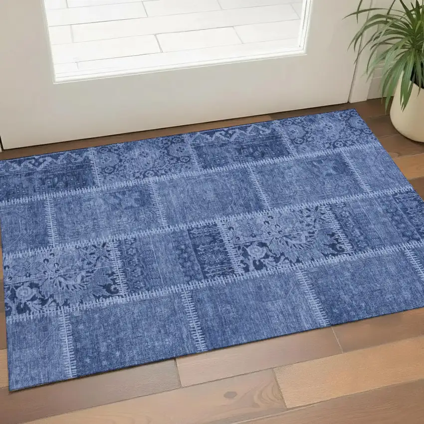 Navy Blue And Ivory Patchwork Washable Area Rug With UV Protection Photo 1