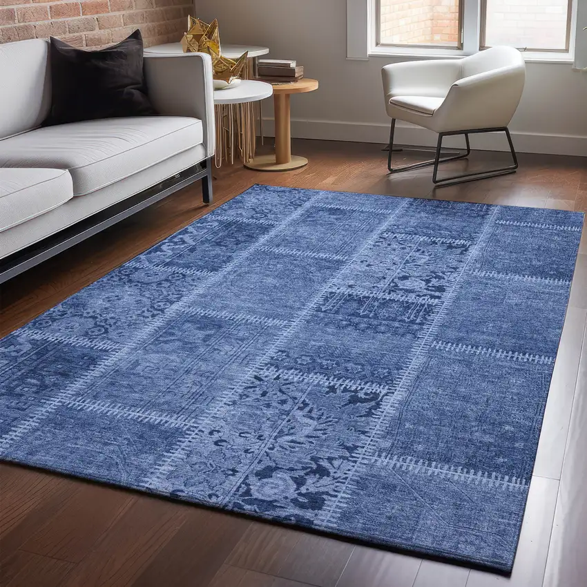 Navy Blue And Ivory Patchwork Washable Area Rug With UV Protection Photo 4