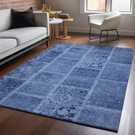 Navy Blue And Ivory Patchwork Washable Area Rug With UV Protection Photo 5