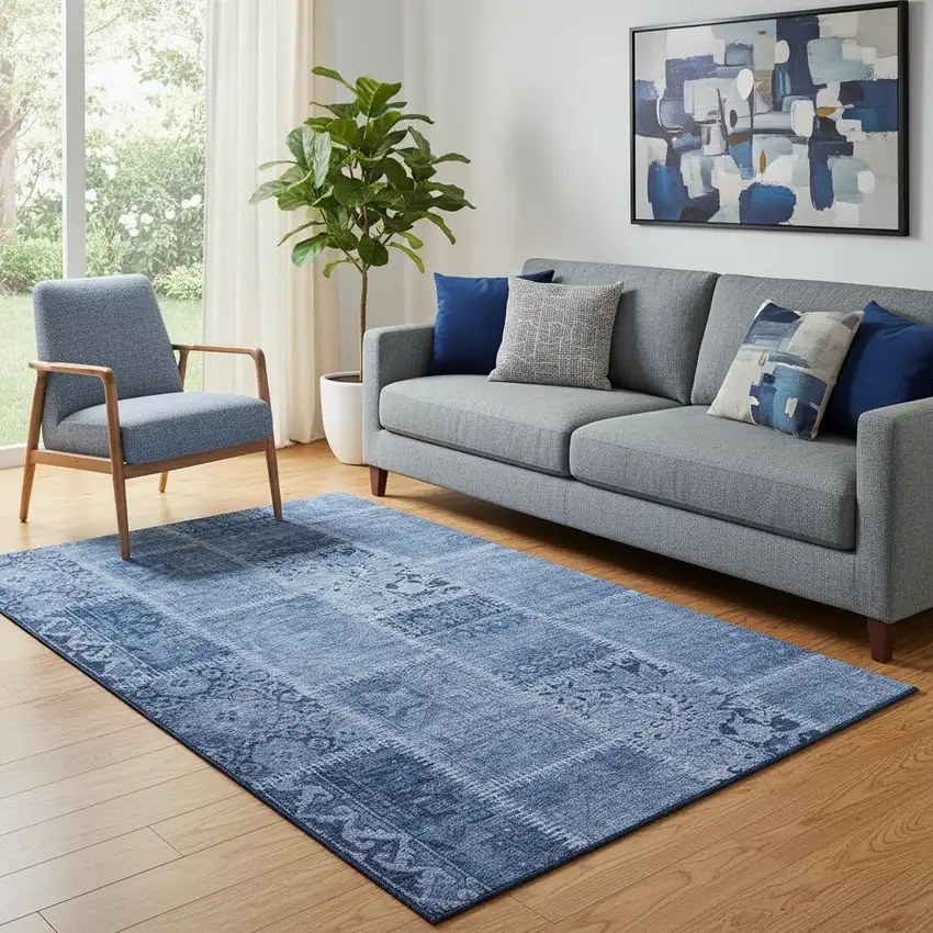 Navy Blue And Ivory Patchwork Washable Area Rug With UV Protection Photo 1