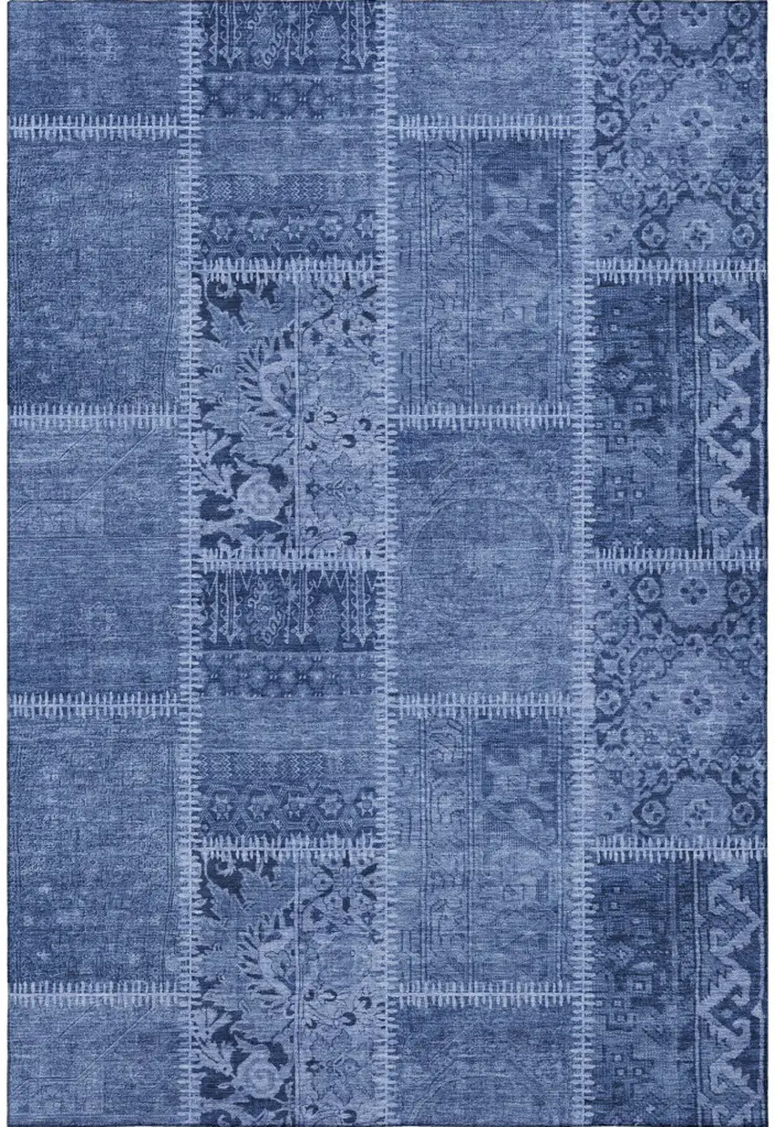 Navy Blue And Ivory Patchwork Washable Area Rug With UV Protection Photo 4