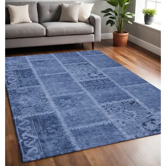 Navy Blue And Ivory Patchwork Washable Area Rug With UV Protection Photo 2