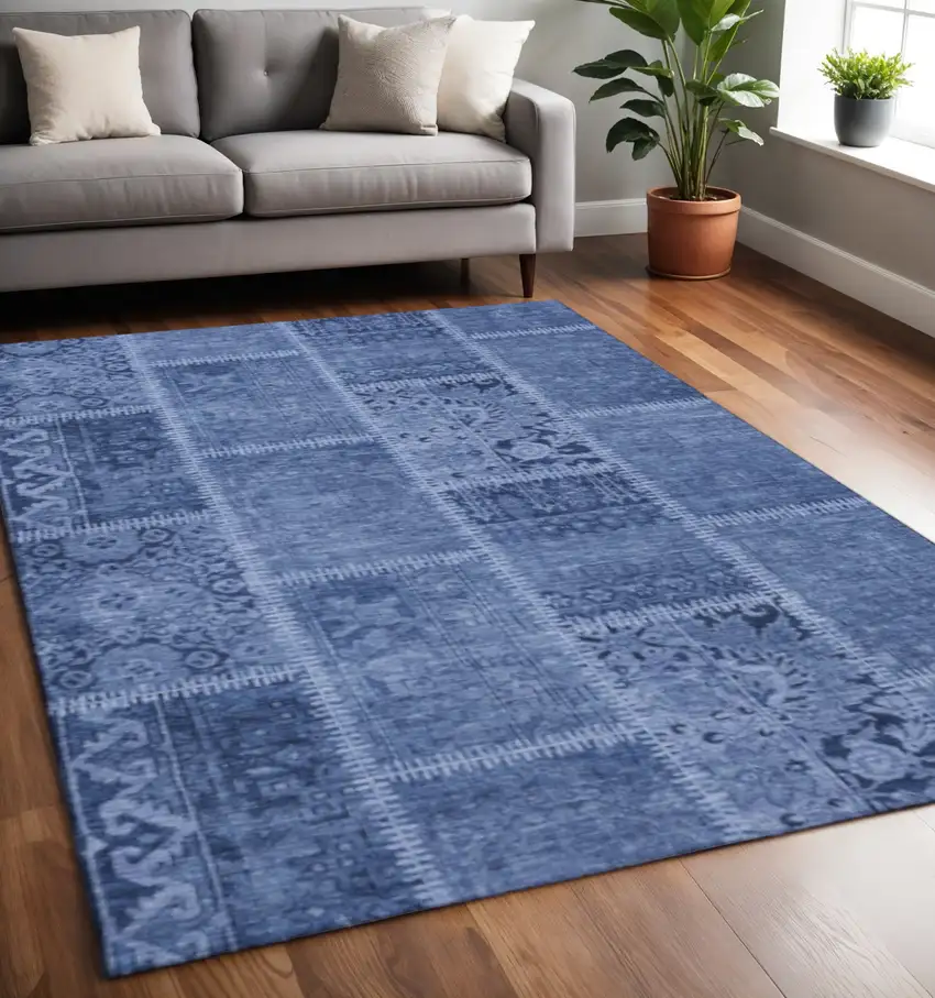 Navy Blue And Ivory Patchwork Washable Area Rug With UV Protection Photo 2