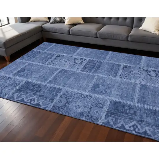 Navy Blue And Ivory Patchwork Washable Area Rug With UV Protection Photo 2