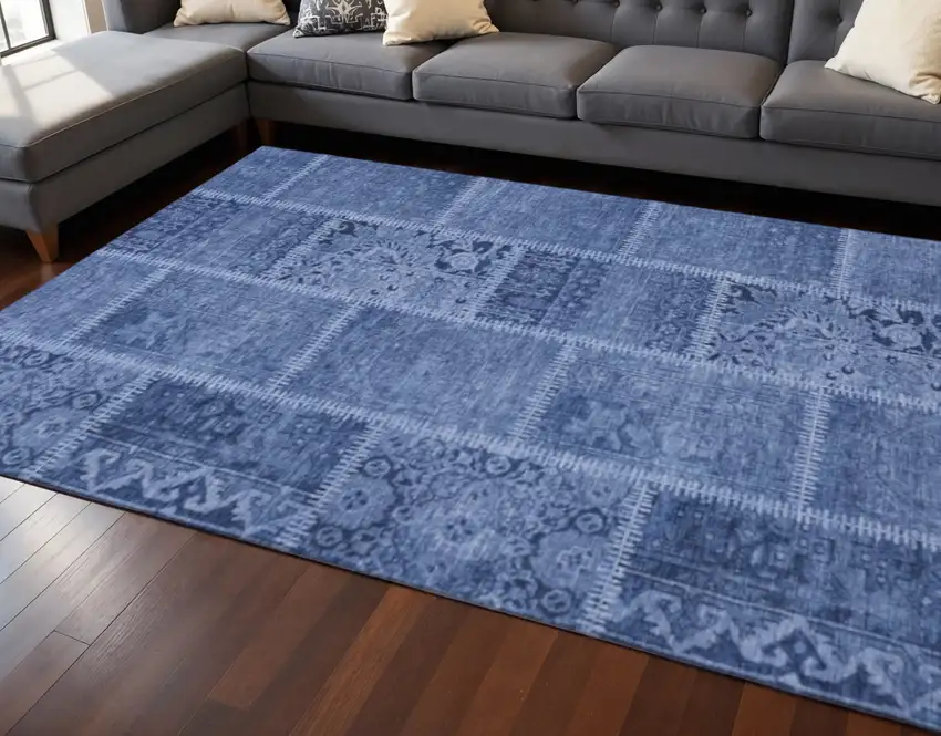 Navy Blue And Ivory Patchwork Washable Area Rug With UV Protection Photo 2