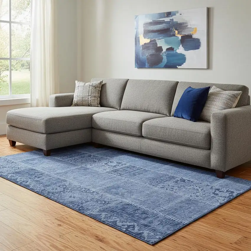 Navy Blue And Ivory Patchwork Washable Area Rug With UV Protection Photo 1