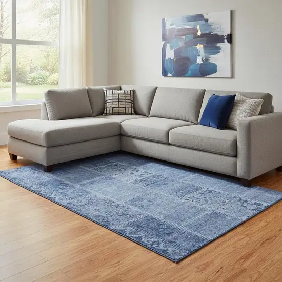 Navy Blue And Ivory Patchwork Washable Area Rug With UV Protection Photo 1