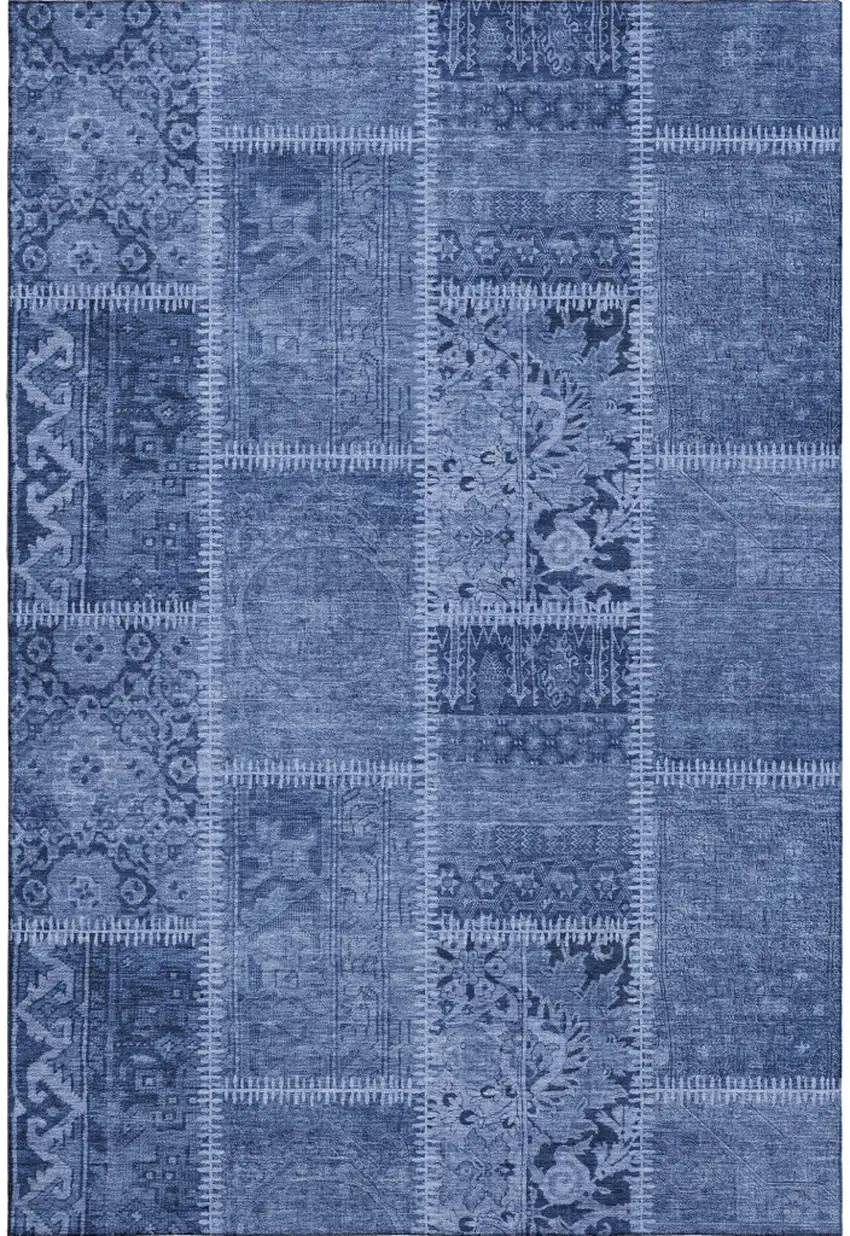 Navy Blue And Ivory Patchwork Washable Area Rug With UV Protection Photo 1