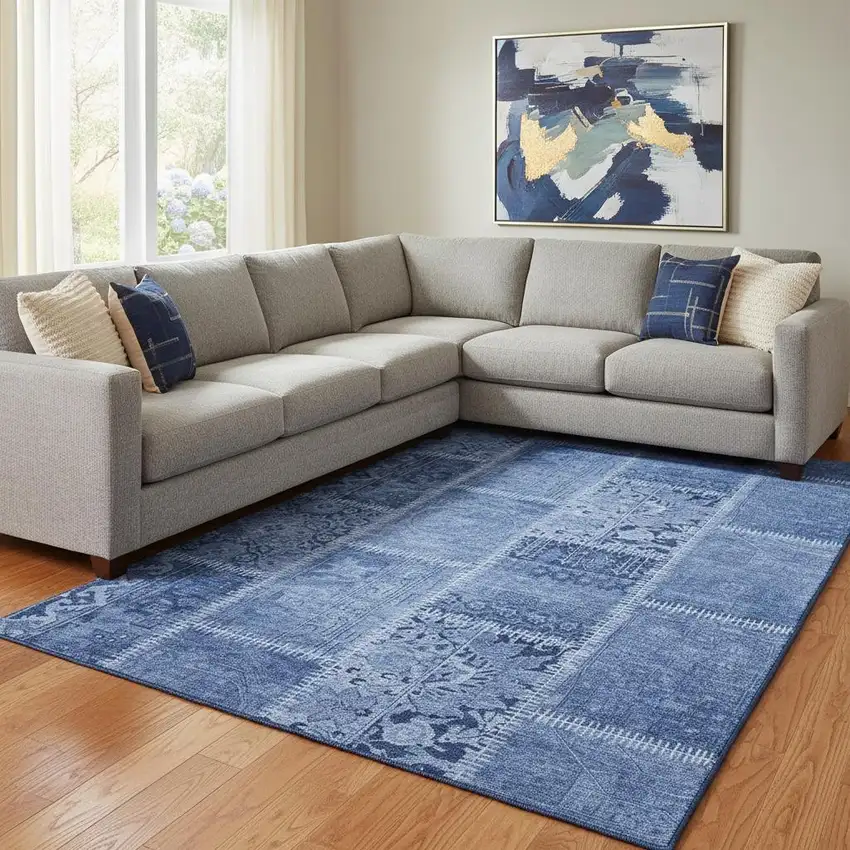 Navy Blue And Ivory Patchwork Washable Area Rug With UV Protection Photo 1
