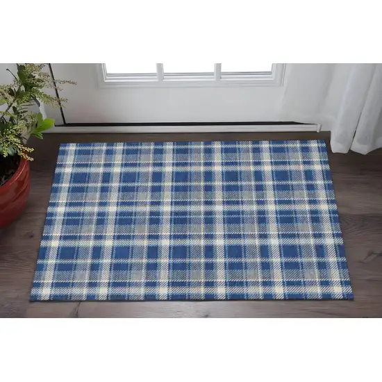 Navy Blue And Ivory Plaid Washable Area Rug With UV Protection Photo 2