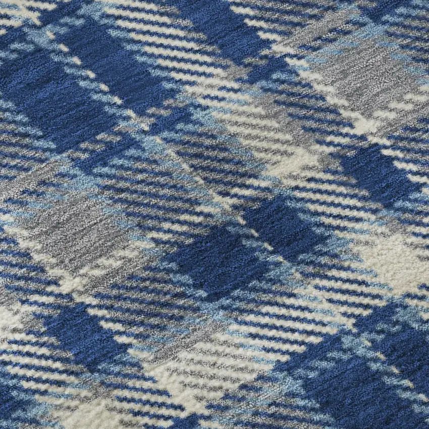 Navy Blue And Ivory Plaid Washable Area Rug With UV Protection Photo 9