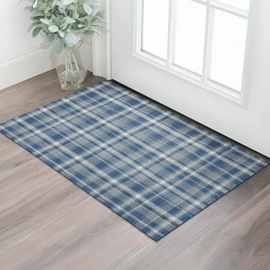 Navy Blue And Ivory Plaid Washable Area Rug With UV Protection Photo 1
