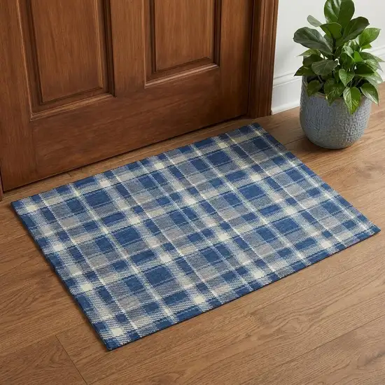 Navy Blue And Ivory Plaid Washable Area Rug With UV Protection Photo 1