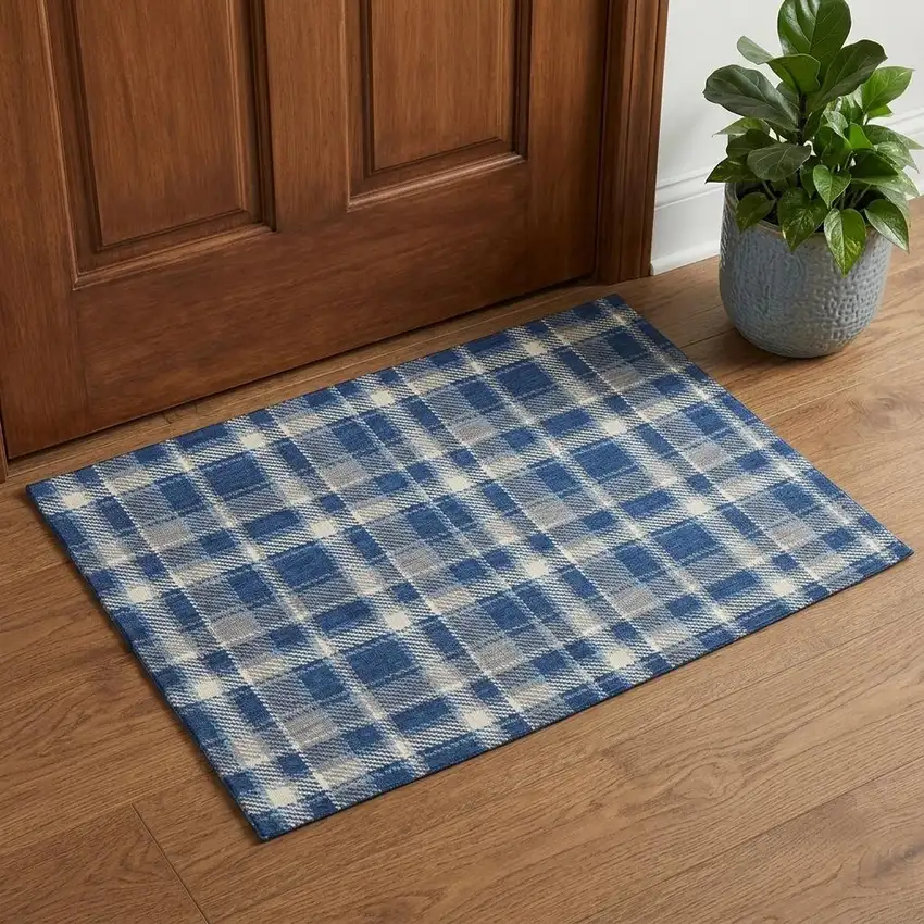 Navy Blue And Ivory Plaid Washable Area Rug With UV Protection Photo 1