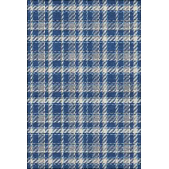 Navy Blue And Ivory Plaid Washable Area Rug With UV Protection Photo 4