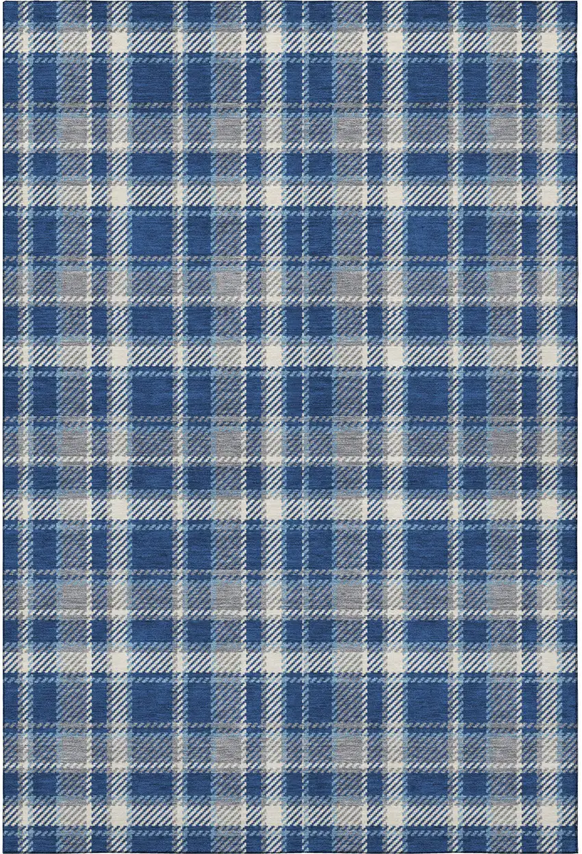 Navy Blue And Ivory Plaid Washable Area Rug With UV Protection Photo 4