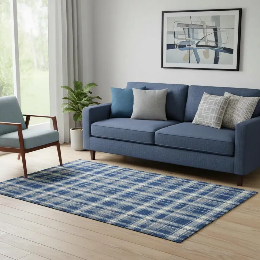 Navy Blue And Ivory Plaid Washable Area Rug With UV Protection Photo 1