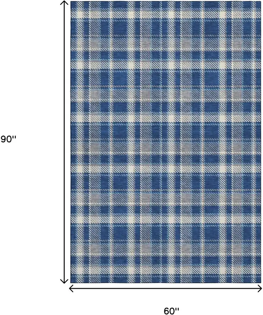 Navy Blue And Ivory Plaid Washable Area Rug With UV Protection Photo 3