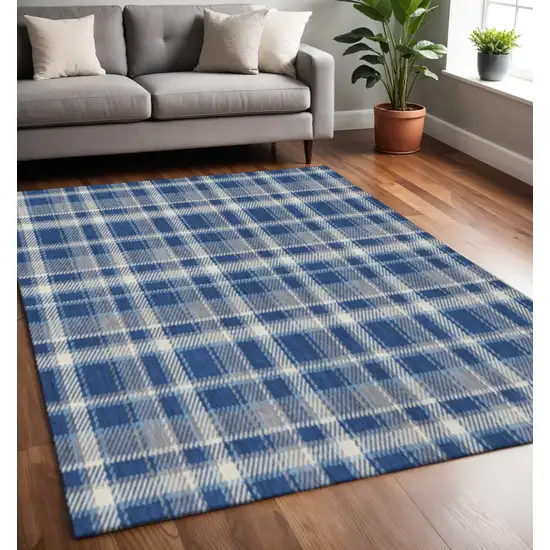 Navy Blue And Ivory Plaid Washable Area Rug With UV Protection Photo 2