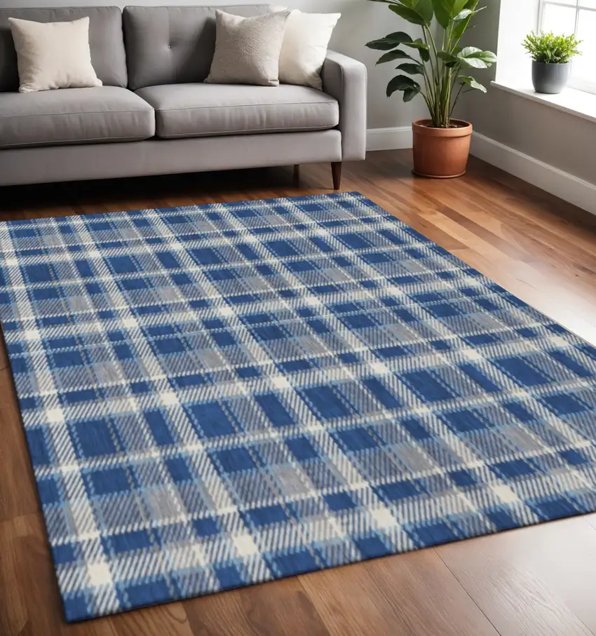 Navy Blue And Ivory Plaid Washable Area Rug With UV Protection Photo 2