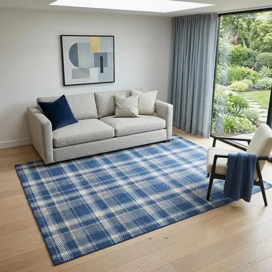 Navy Blue And Ivory Plaid Washable Area Rug With UV Protection Photo 1