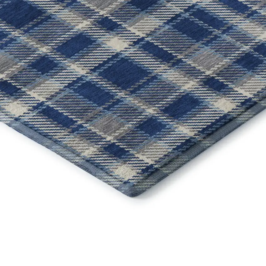 Navy Blue And Ivory Plaid Washable Area Rug With UV Protection Photo 7