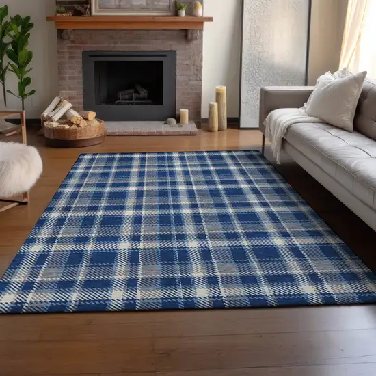 Navy Blue And Ivory Plaid Washable Area Rug With UV Protection Photo 5