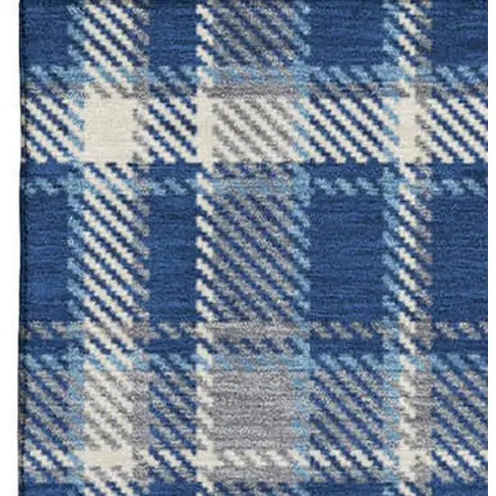 Navy Blue And Ivory Plaid Washable Area Rug With UV Protection Photo 4