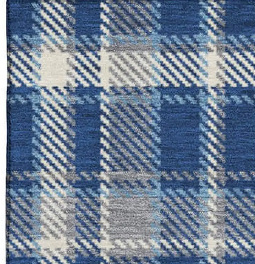Navy Blue And Ivory Plaid Washable Area Rug With UV Protection Photo 4