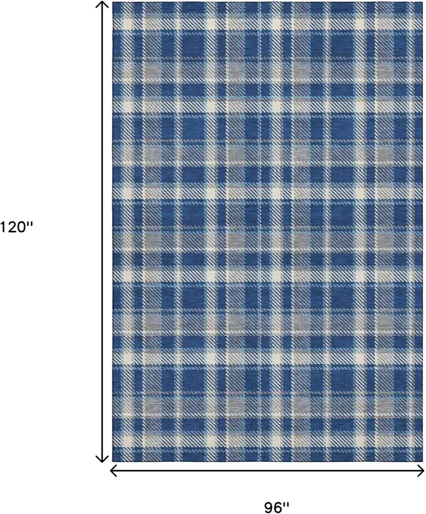 Navy Blue And Ivory Plaid Washable Area Rug With UV Protection Photo 8