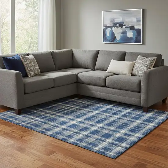 Navy Blue And Ivory Plaid Washable Area Rug With UV Protection Photo 1