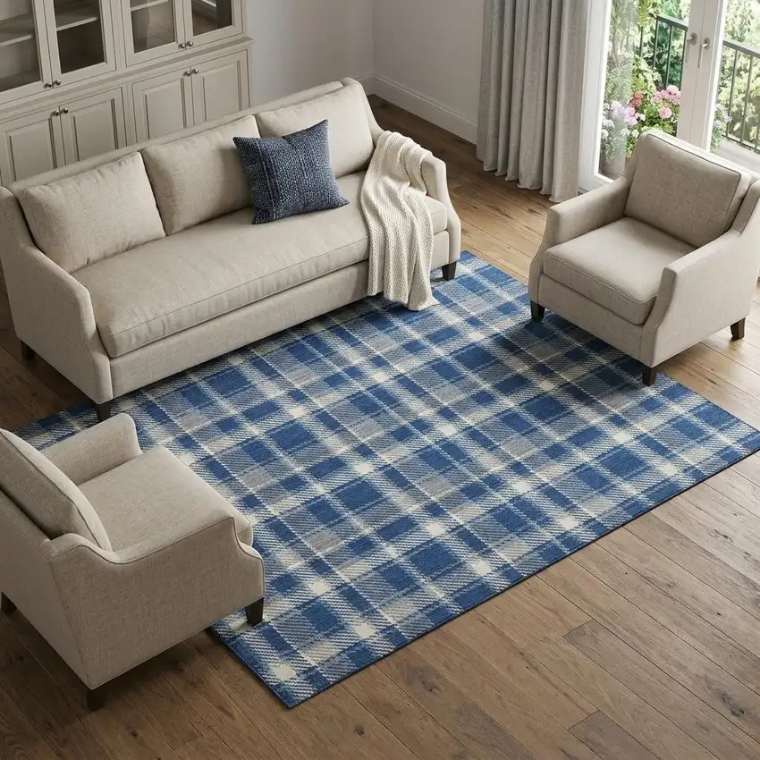 Navy Blue And Ivory Plaid Washable Area Rug With UV Protection Photo 1
