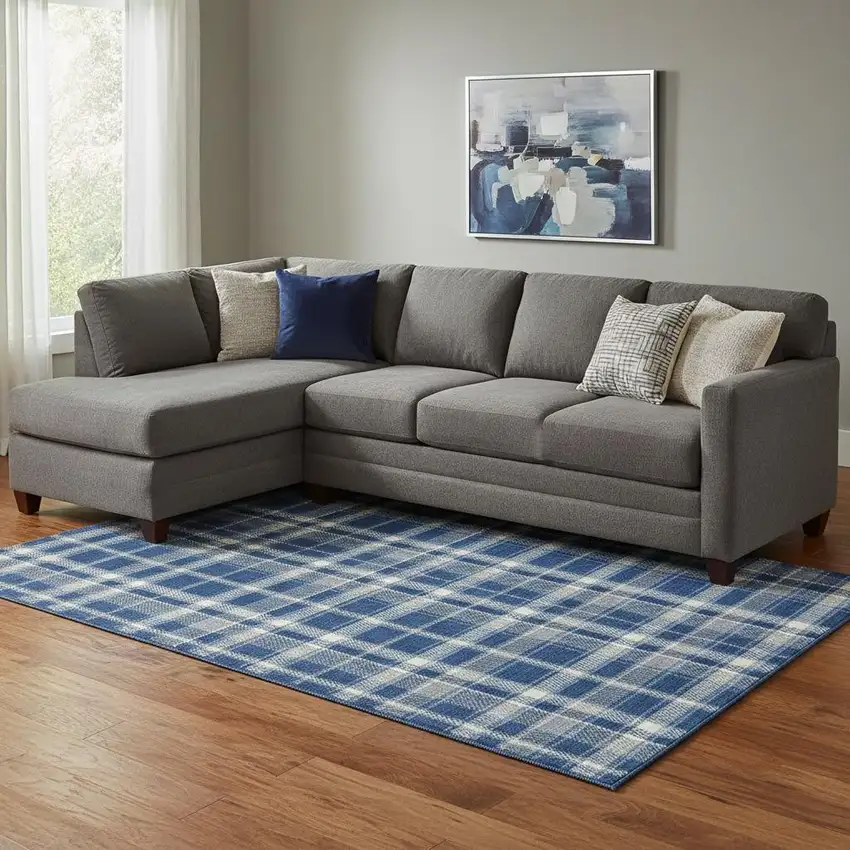 Navy Blue And Ivory Plaid Washable Area Rug With UV Protection Photo 1