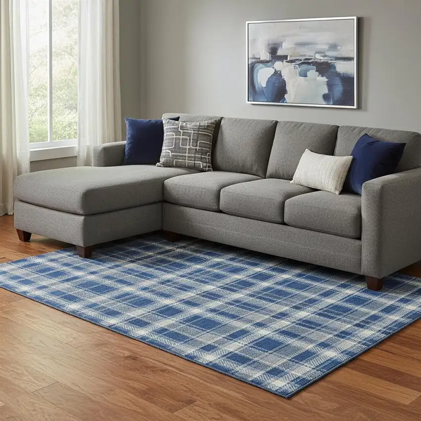 Navy Blue And Ivory Plaid Washable Area Rug With UV Protection Photo 1